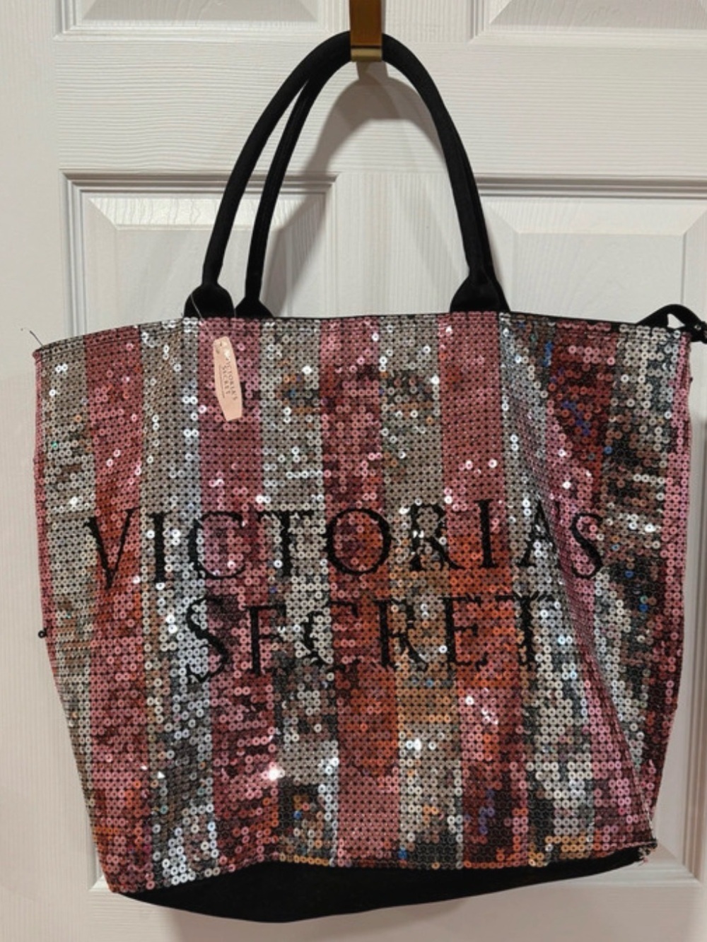 Victoria's Secret Sequin Stripe Tote in Pink and Silver